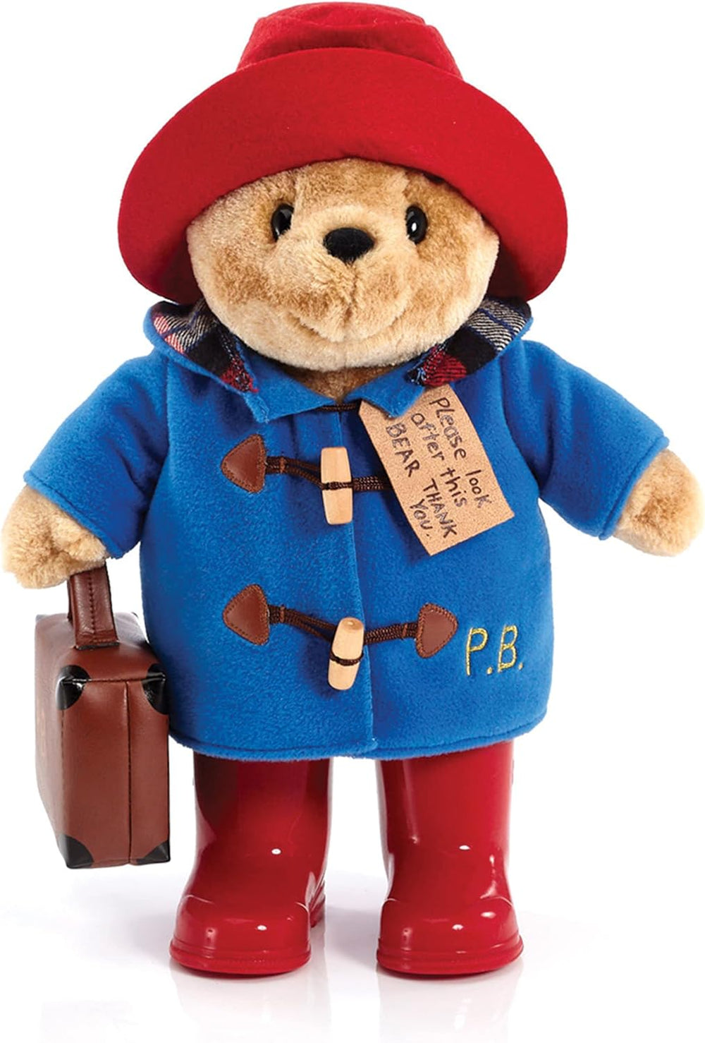 Rainbow Designs Classic Paddington Bear plush toy with boots and suitcase, soft toy for children, detailed and cuddly.
