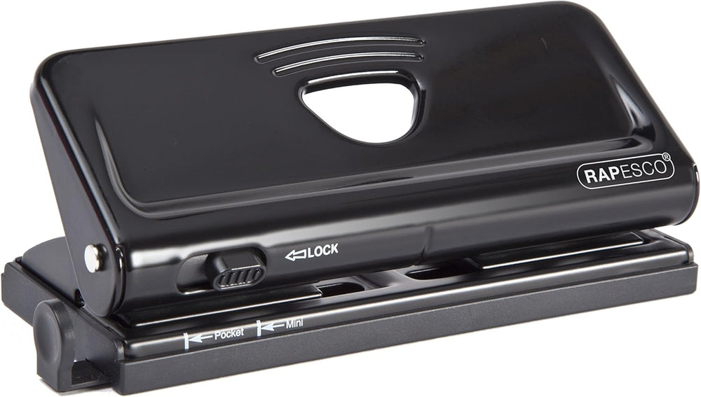 Rapesco 6-hole adjustable diary punch in black for binding or organizing documents with precision.