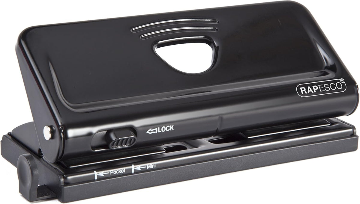 Rapesco 6-hole adjustable diary punch in black for binding or organizing documents with precision.