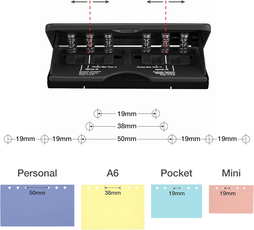 Rapesco black 6-hole diary punch with adjustable settings, used for hole-punching organizer and diary pages.