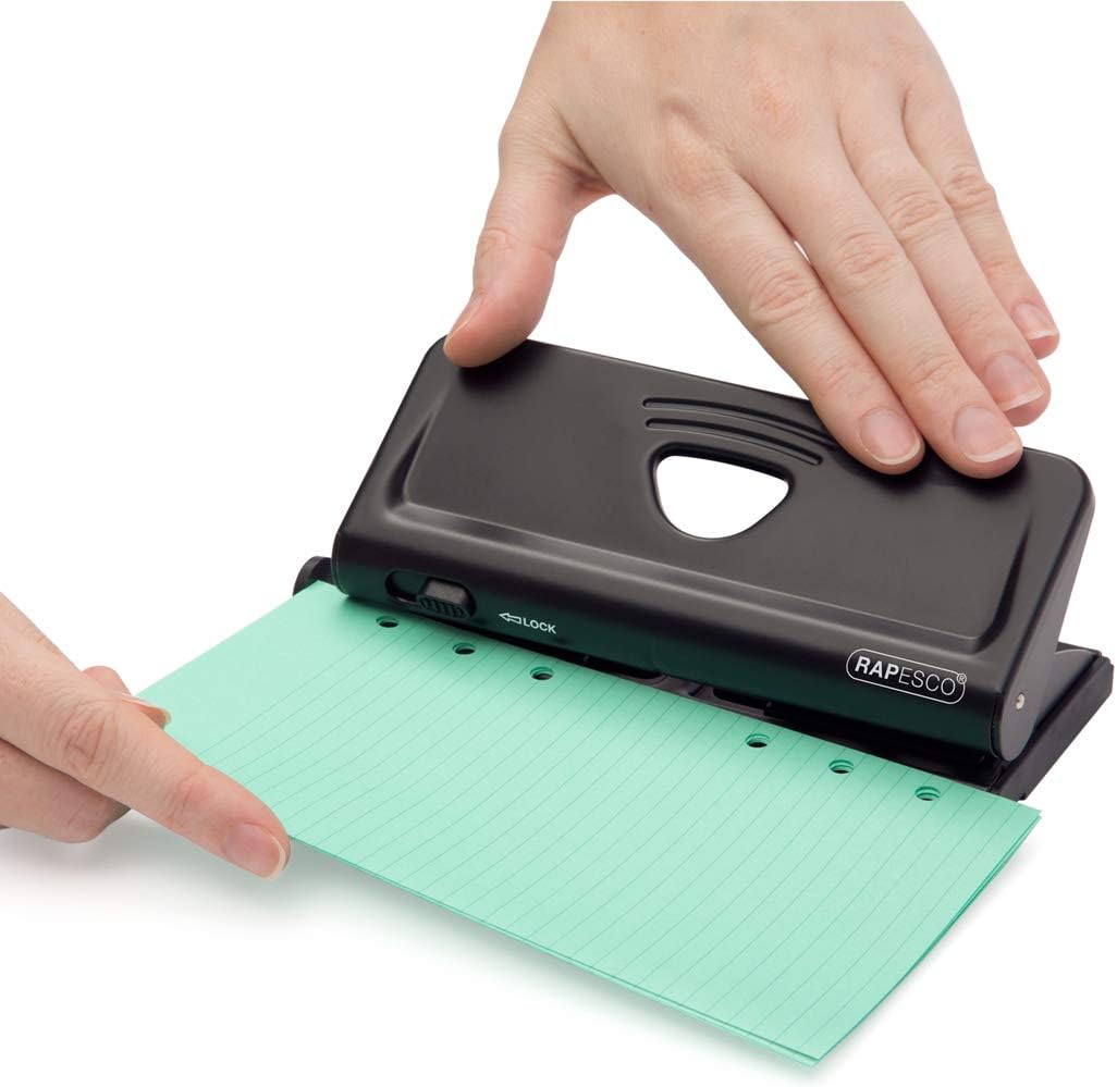 Rapesco adjustable 6-hole diary punch in black with ergonomic handle and metal construction, designed for organizing planner pages.