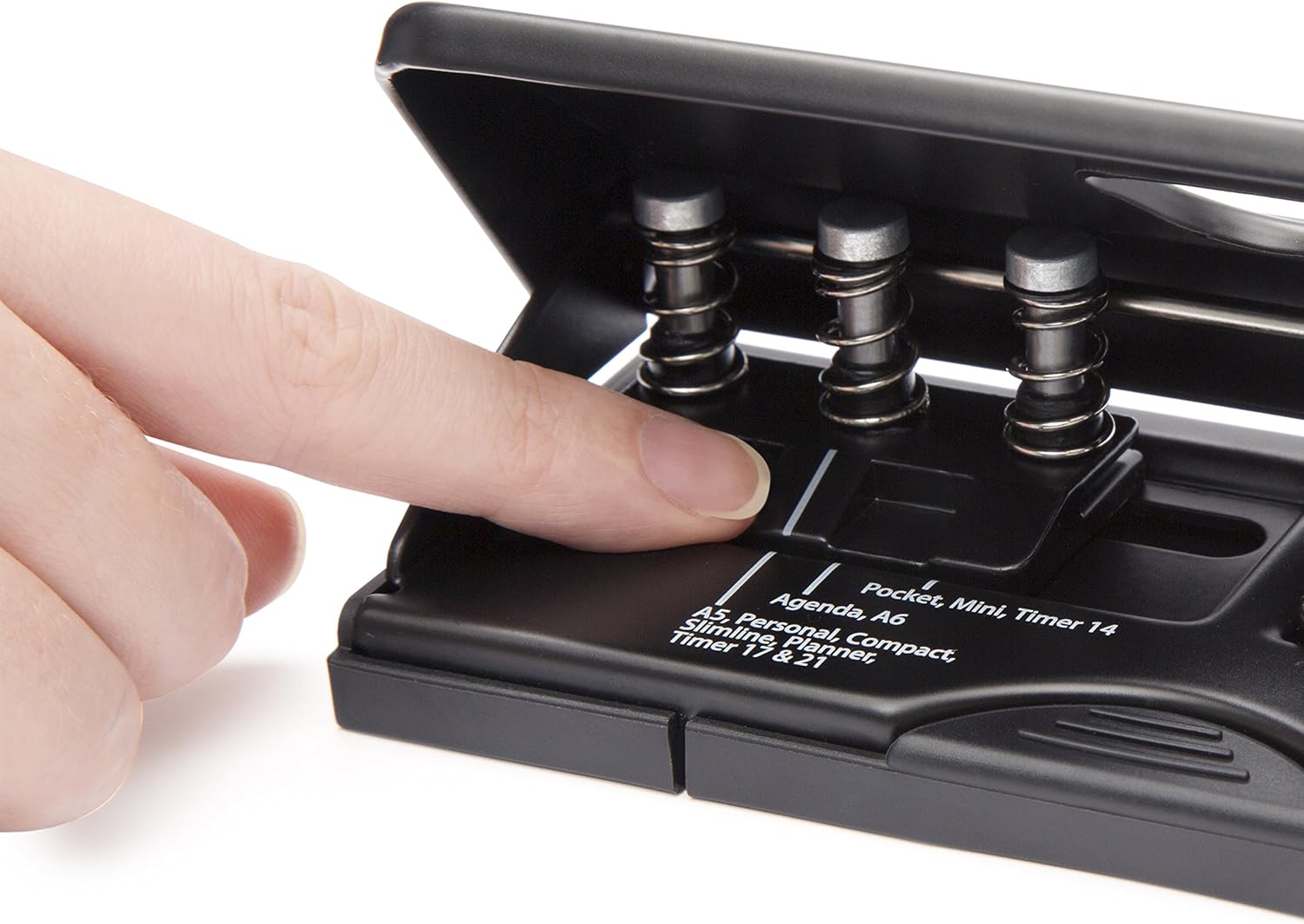 Rapesco black 6-hole diary punch for organizing and binding pages with adjustable hole settings.