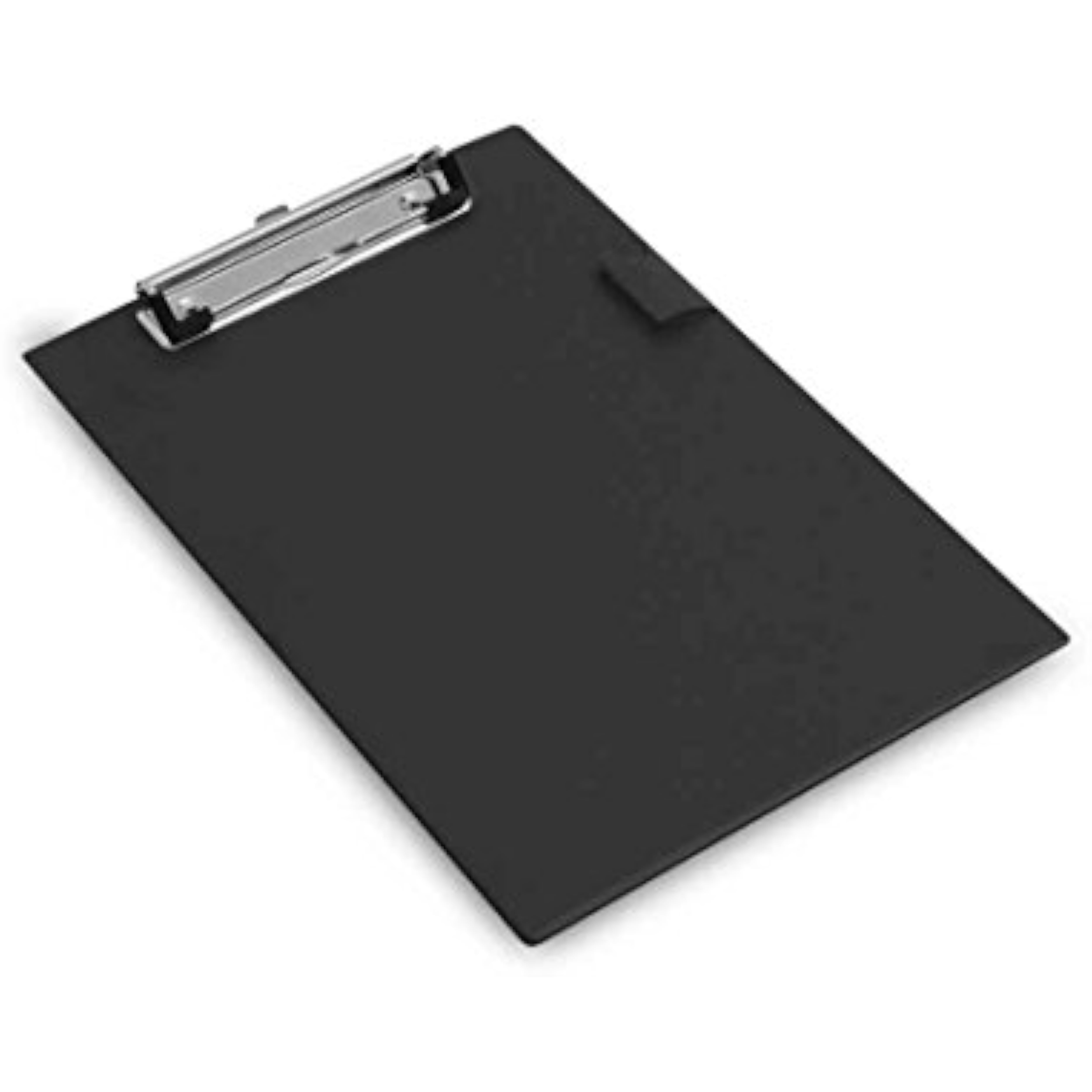 Black Rapesco A5 PVC clipboard with metal clip, suitable for holding papers and documents securely.