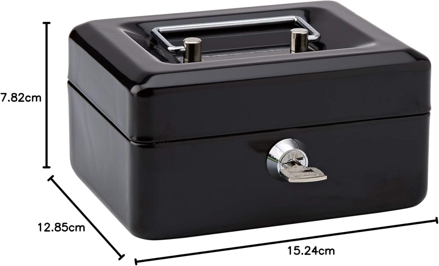 Black Rapesco cash box, 6-inch (15cm), sturdy metal storage container with secure latch for cash or valuables.