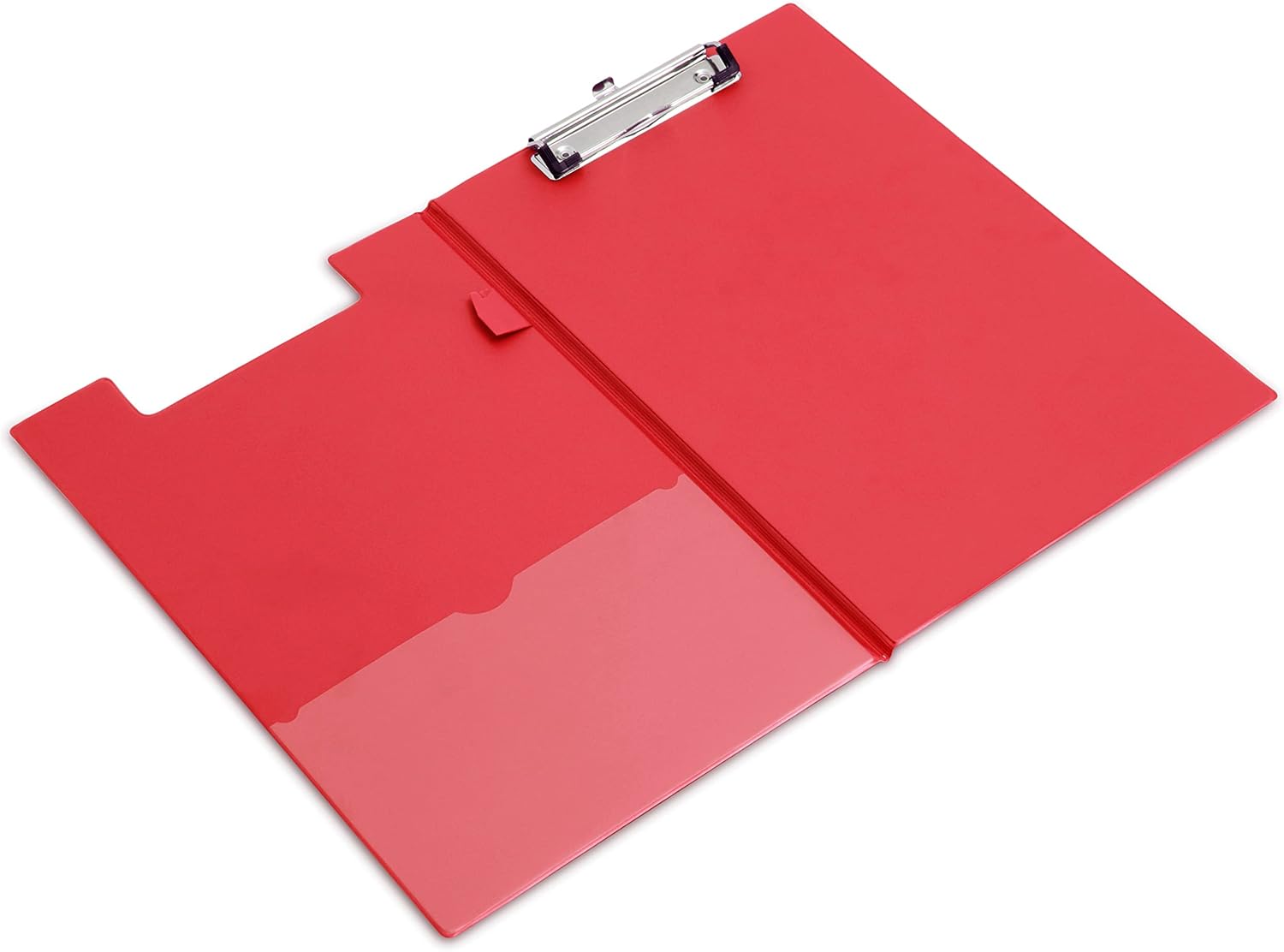 Red Rapesco A4+ foldover clipboard with clip mechanism, designed for secure paper organization and easy writing on the go.