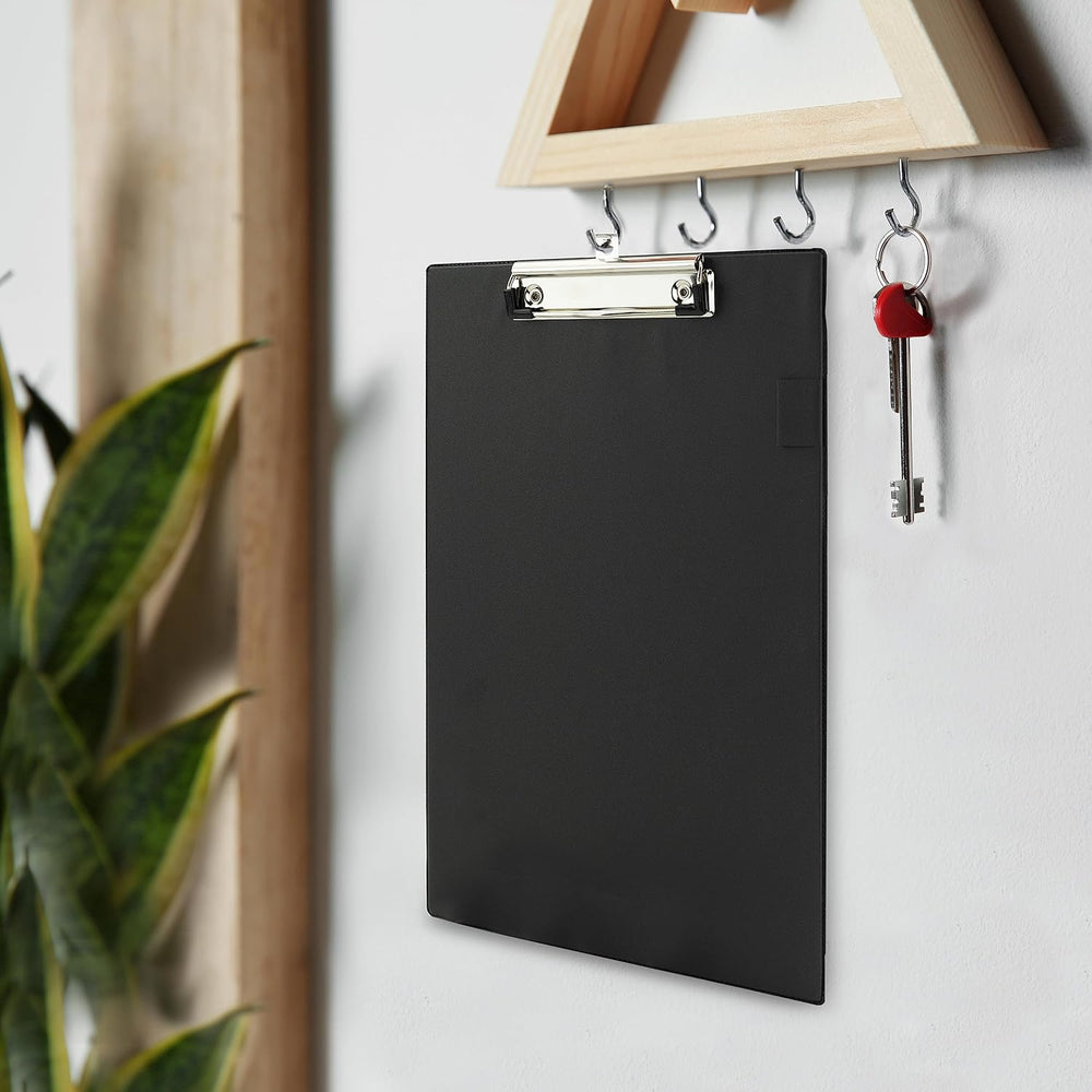 Set of 10 Rapesco standard black A4+ clipboards, durable plastic office accessories for organizing papers and documents.