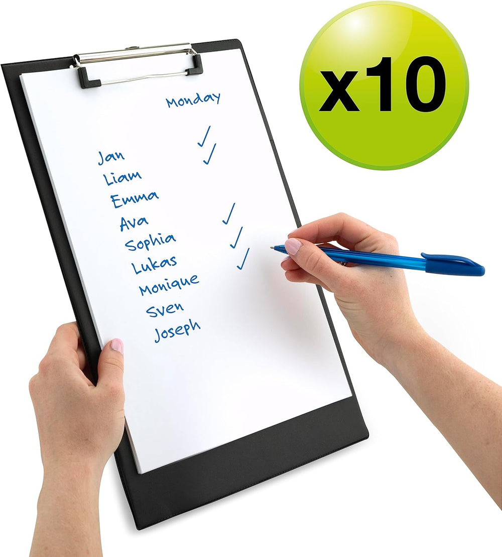 Pack of 10 black Rapesco Standard A4+ clipboards, durable plastic clipboards for organization and writing.
