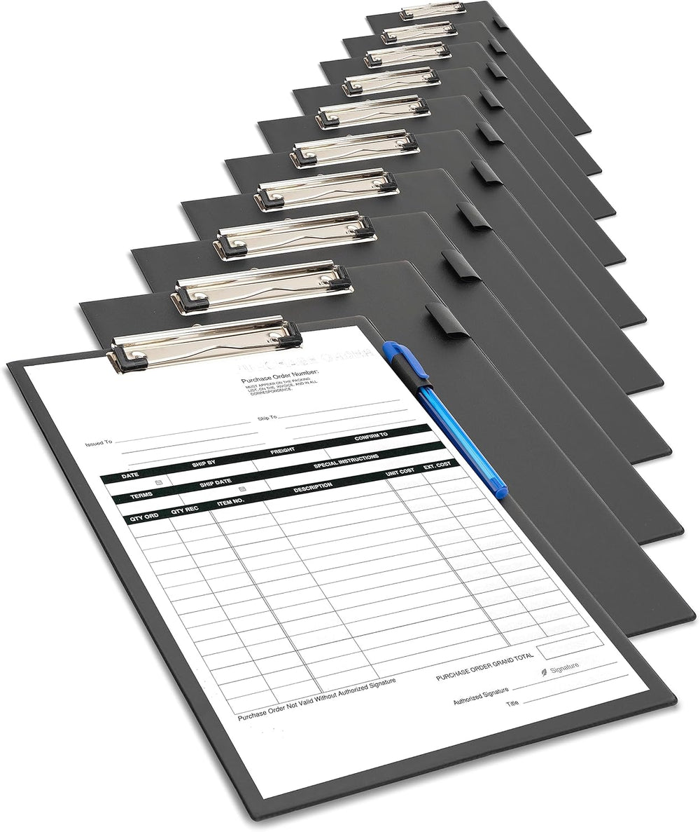 Pack of 10 black Rapesco A4+ clipboards with metal clips, ideal for office or school use.