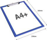 Blue Rapesco VSTCB0L3 standard clipboard holding A4+ papers, featuring a sturdy metal clip and smooth blue surface.