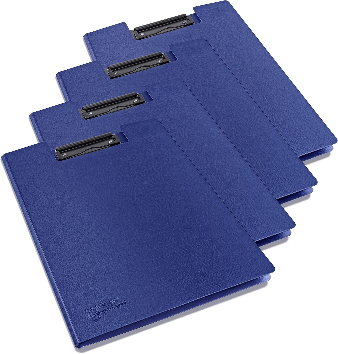 Blue Rapesco Germ Savvy antibacterial A4 foldover clipboard, pack of 4, ideal for filing and desk organization.