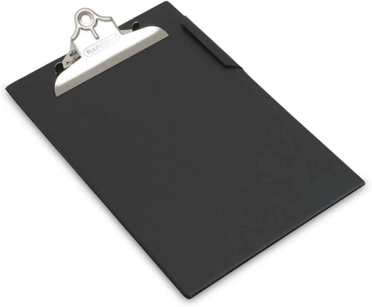 Rapesco heavy-duty black A4+ clipboard for filing and desk organization, made of durable material.