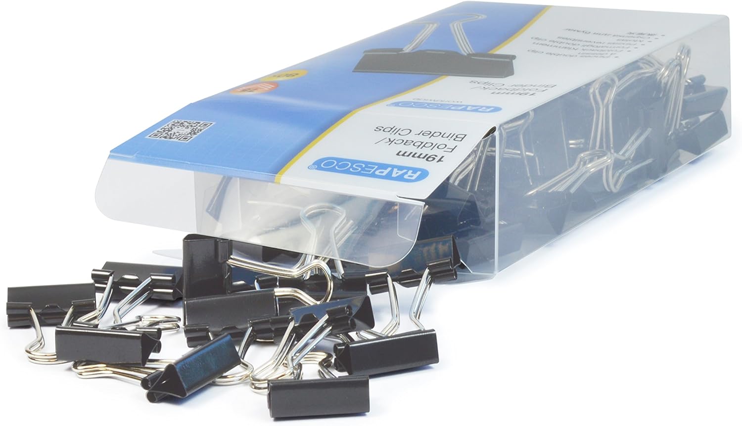 Black Rapesco 19mm foldback clips for filing and fastening, shown in a pack of 80. Durable metal construction.