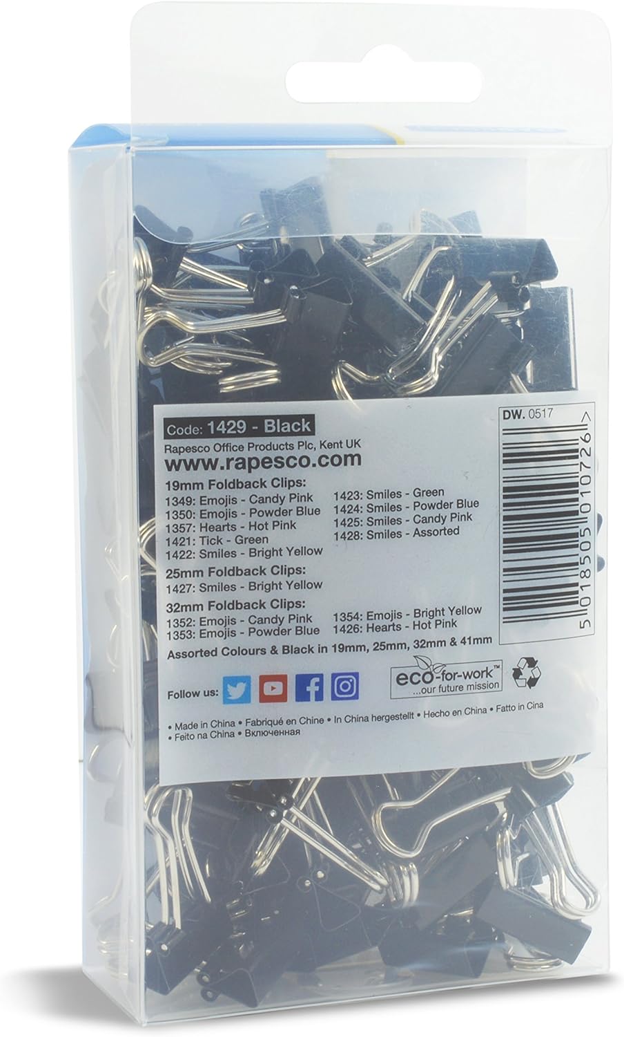 Black Rapesco 19mm coloured foldback clips for filing and fastening, shown in a pack of 80.