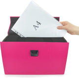Rapesco 1554 19-part hot pink expanding box file with tabs for organizing A4+ documents and files.