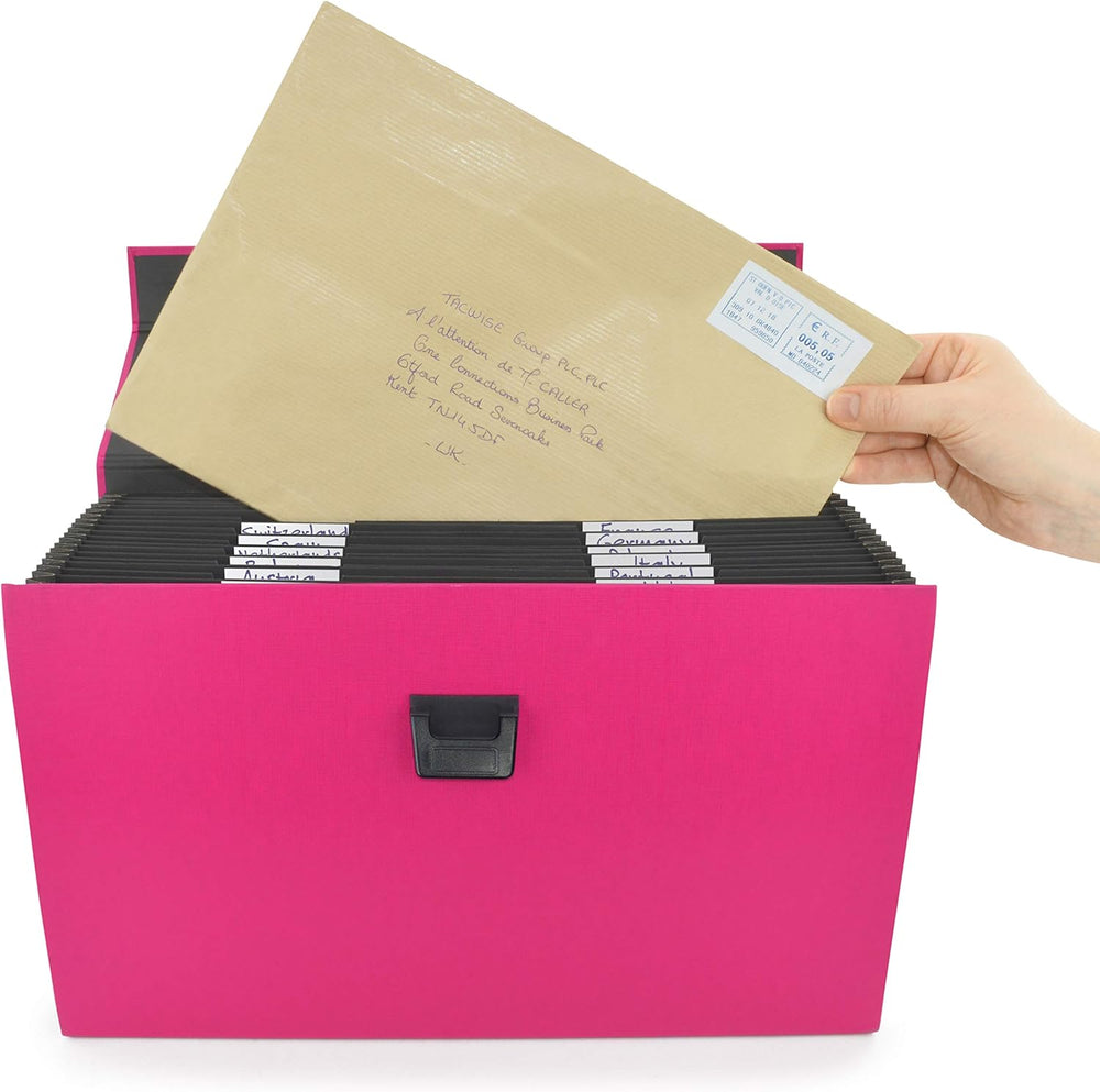 Rapesco 1554 19-part hot pink A4+ expanding box file with tabs, used as a document organiser for filing and storage.