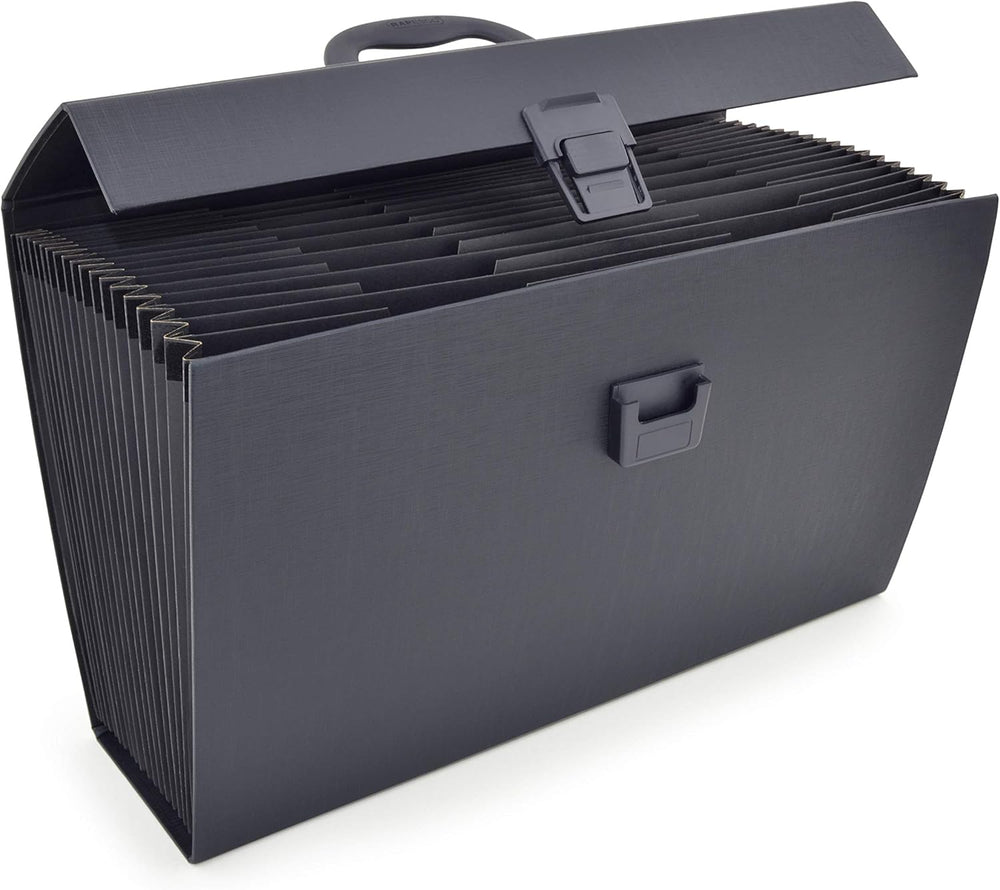 Rapesco 1555 black 19-part expanding box file with tabs for A4+ documents, used for organized filing and storage.