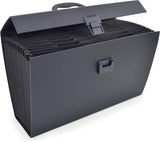 Rapesco 1555 black 19-part expanding box file with tabs for A4+ documents, used for organized filing and storage.