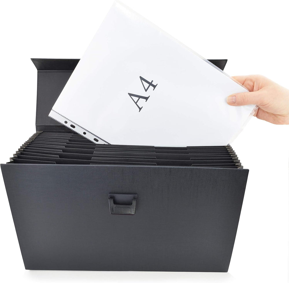 Rapesco 1555 black A4+ expanding box file with 19 compartments and tabs for organizing documents and files.