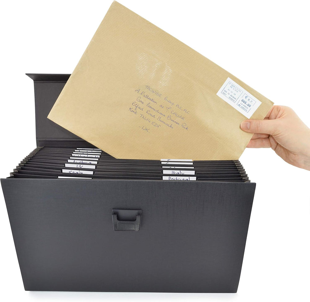 Rapesco 1555 black 19-part A4+ expanding box file with tabs for organizing documents and files in a storage or filing system.