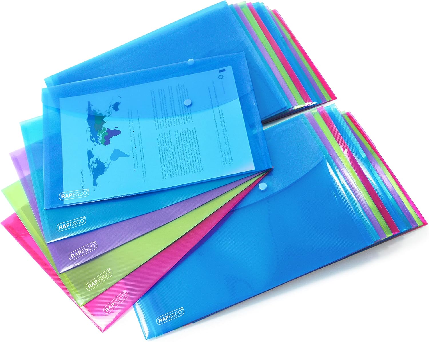Rapesco 1678 Popper Wallets for filing and storage, showing multiple plastic wallets with secure snap closures.