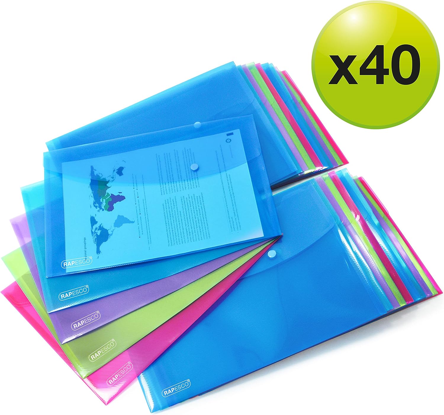 Rapesco 1678 Popper Wallets for filing and storage, showing clear plastic wallets with metal snap closures.