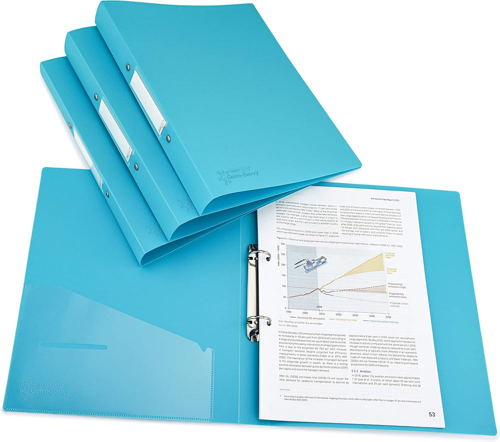 Four Rapesco A4 2-ring binders in aqua with antibacterial coating, 35mm spine for filing and storage.