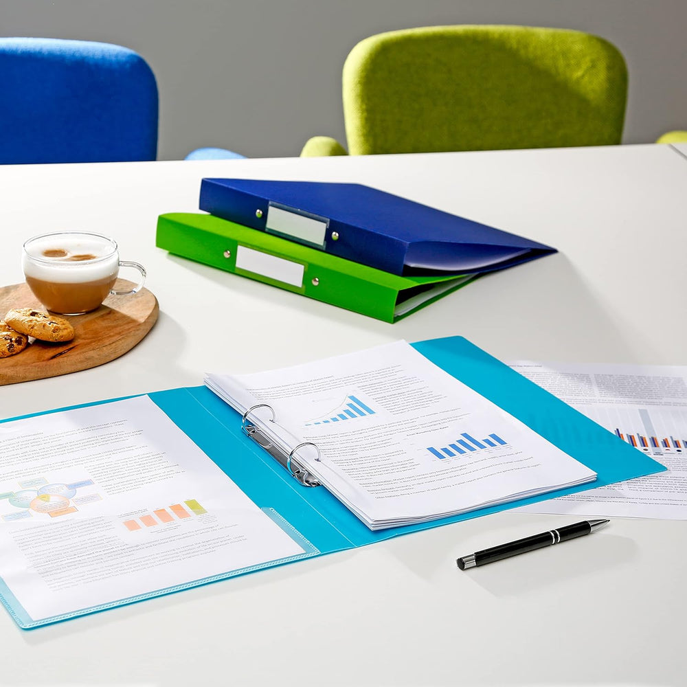 Set of four Rapesco A4 2-ring binders in aqua with antibacterial coating, 35mm capacity for filing and storage.