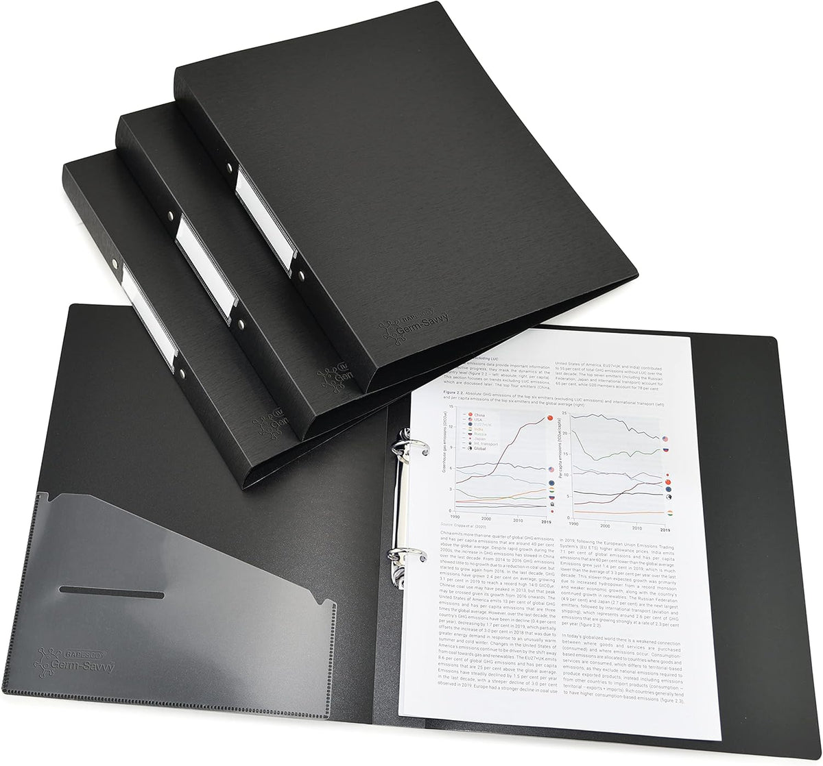 Black Rapesco A4 2-ring binders with antibacterial coating, 35mm capacity, shown in a pack of four for filing and storage.