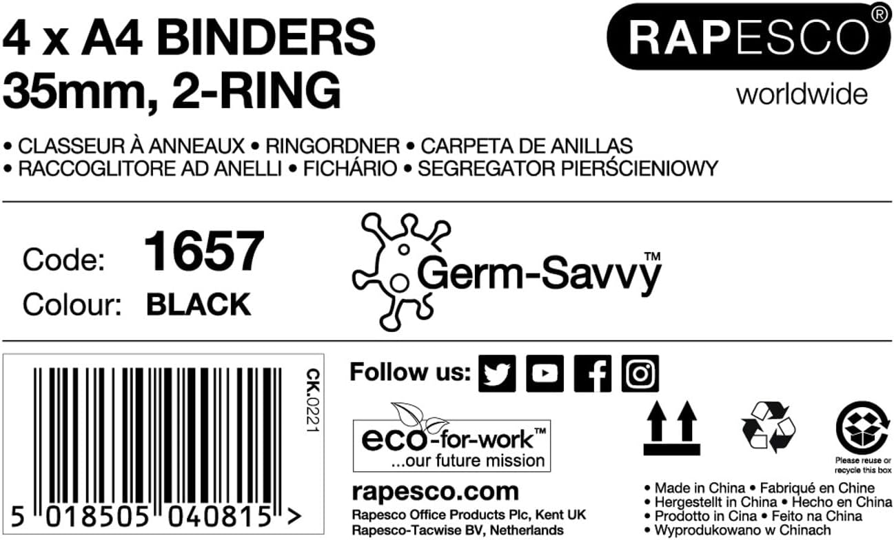 Black Rapesco A4 2-ring binder with 35mm spine, antibacterial, pack of 4, ideal for filing and storage.