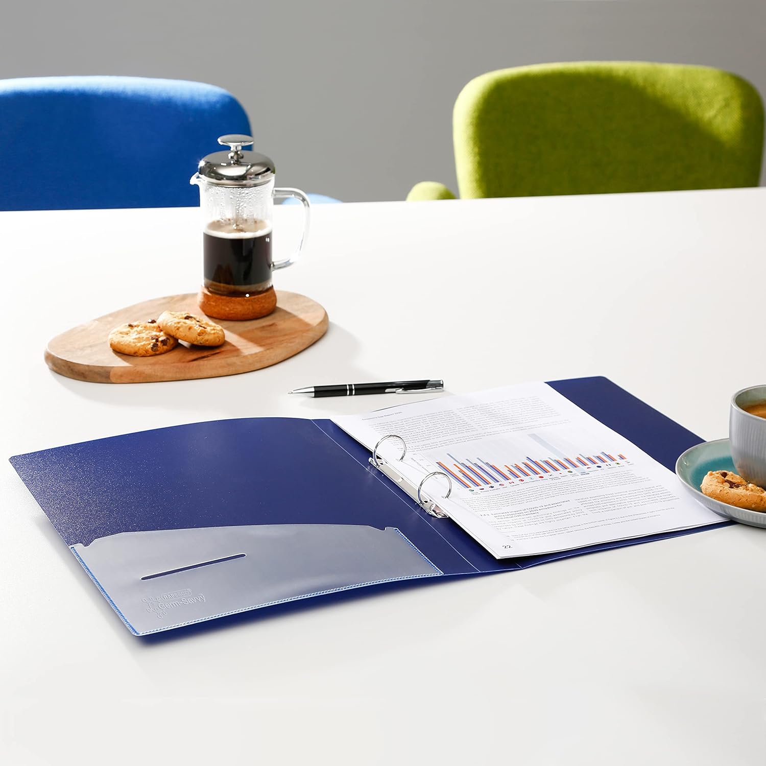 Set of four Rapesco A4 2-ring binders, 35mm capacity, antibacterial blue filing and storage binders for organized office use.