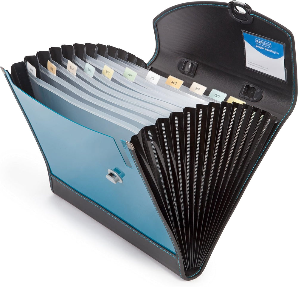 Rapesco Designer Expanding File A4+ with 13 compartments and handle in teal, used for organizing documents and files.
