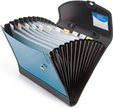 Rapesco Designer Expanding File A4+ with 13 compartments and handle in teal, used for organizing documents and files.