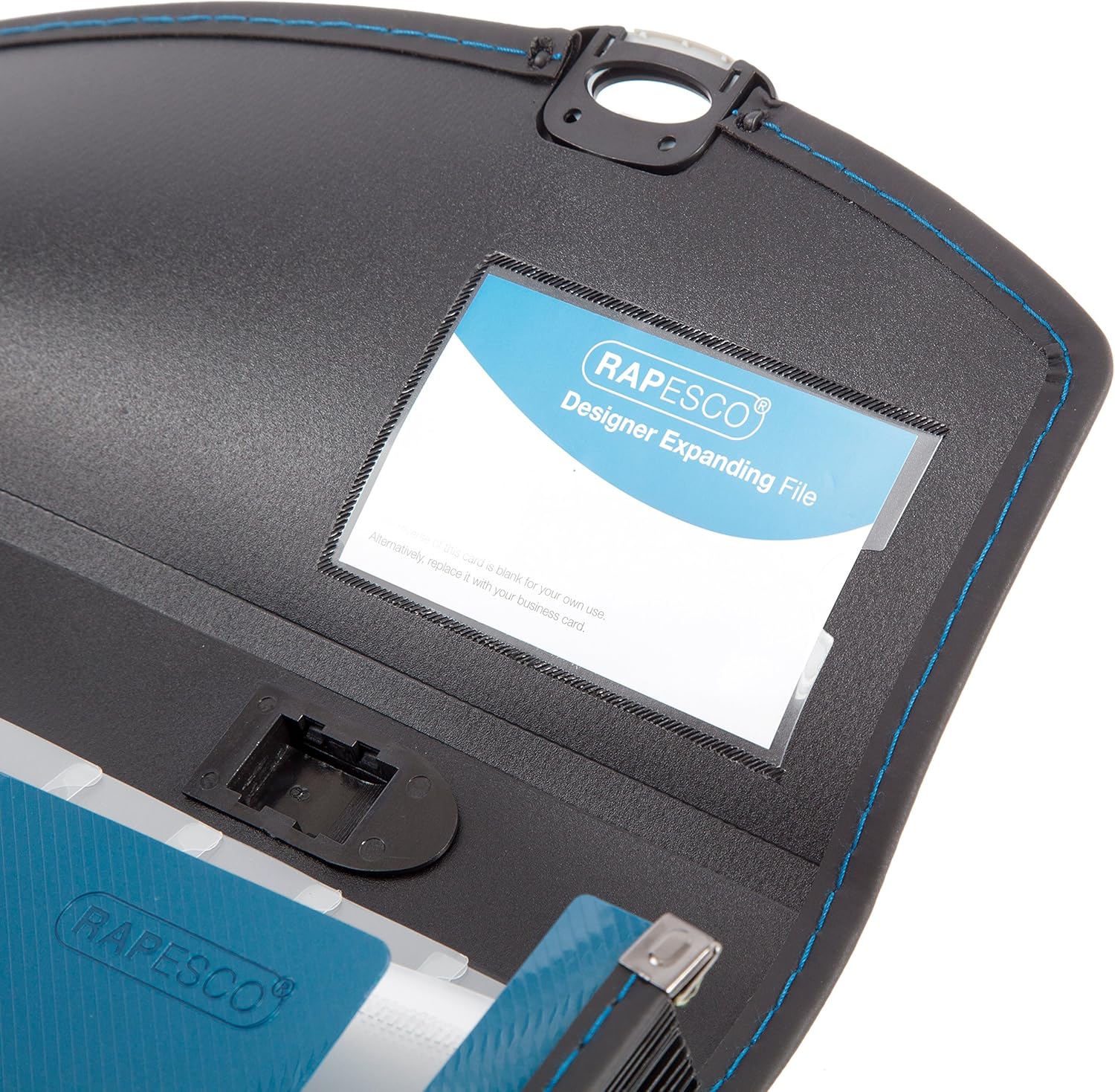 Rapesco Designer A4+ expanding file with 13 compartments and handle, in teal, for organized filing and storage.