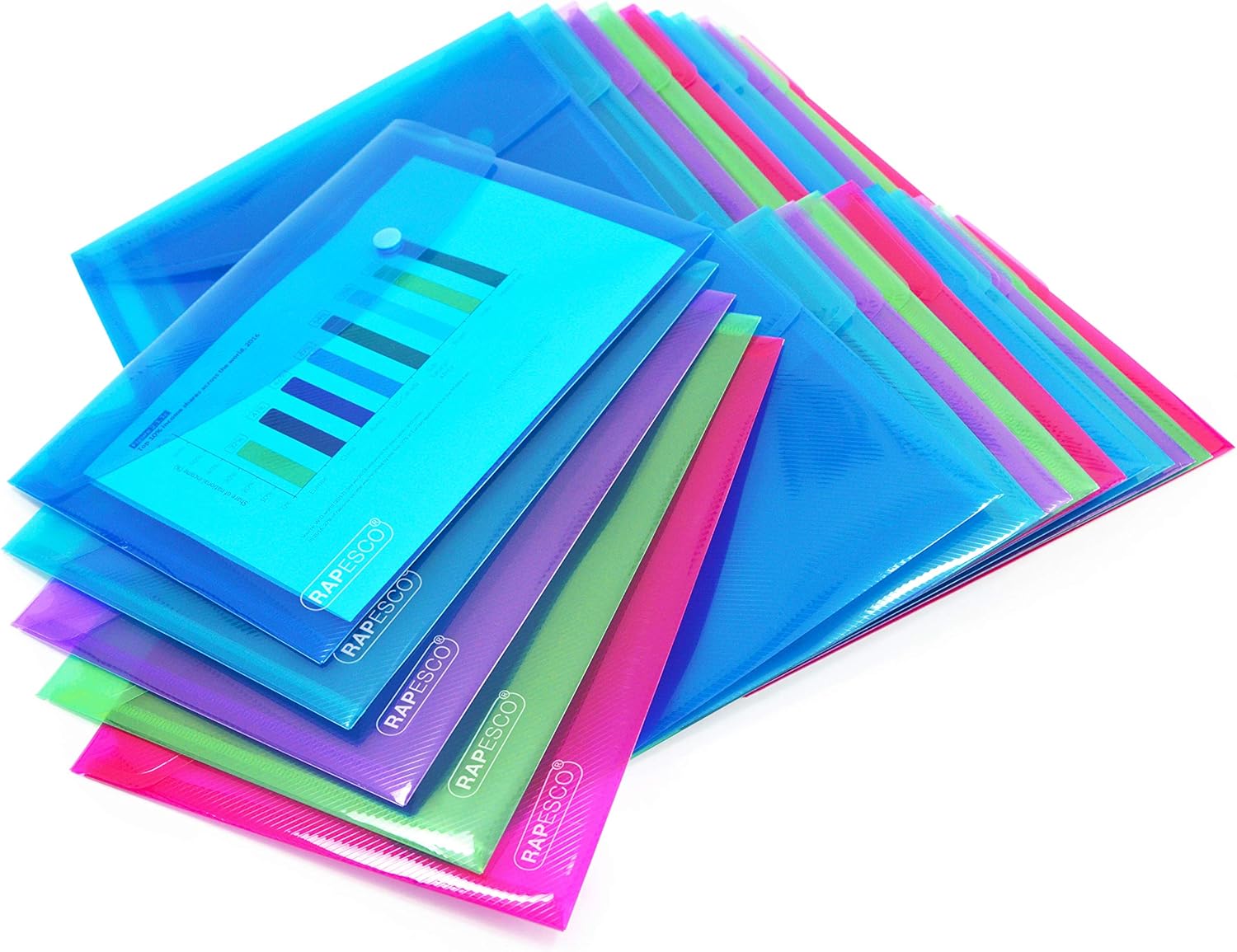 Rapesco Eco Popper Wallet A5 in assorted colors, a pack of 25 for filing and storage, made from eco-friendly materials.