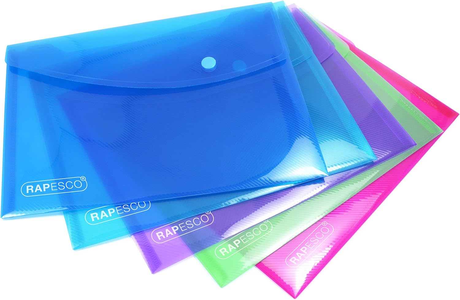 Rapesco Eco Popper Wallet A5 in assorted colors, used for filing and storage, shown in a pack of 25.