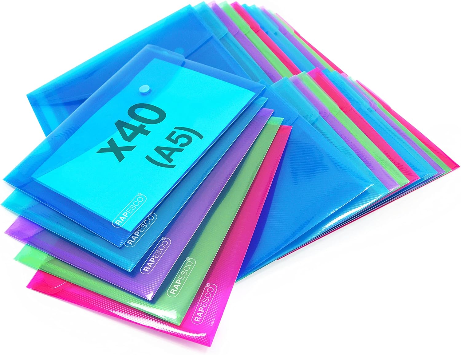Rapesco Popper Wallet A5 in assorted colors, pack of 40, for filing and storage of documents and stationery.