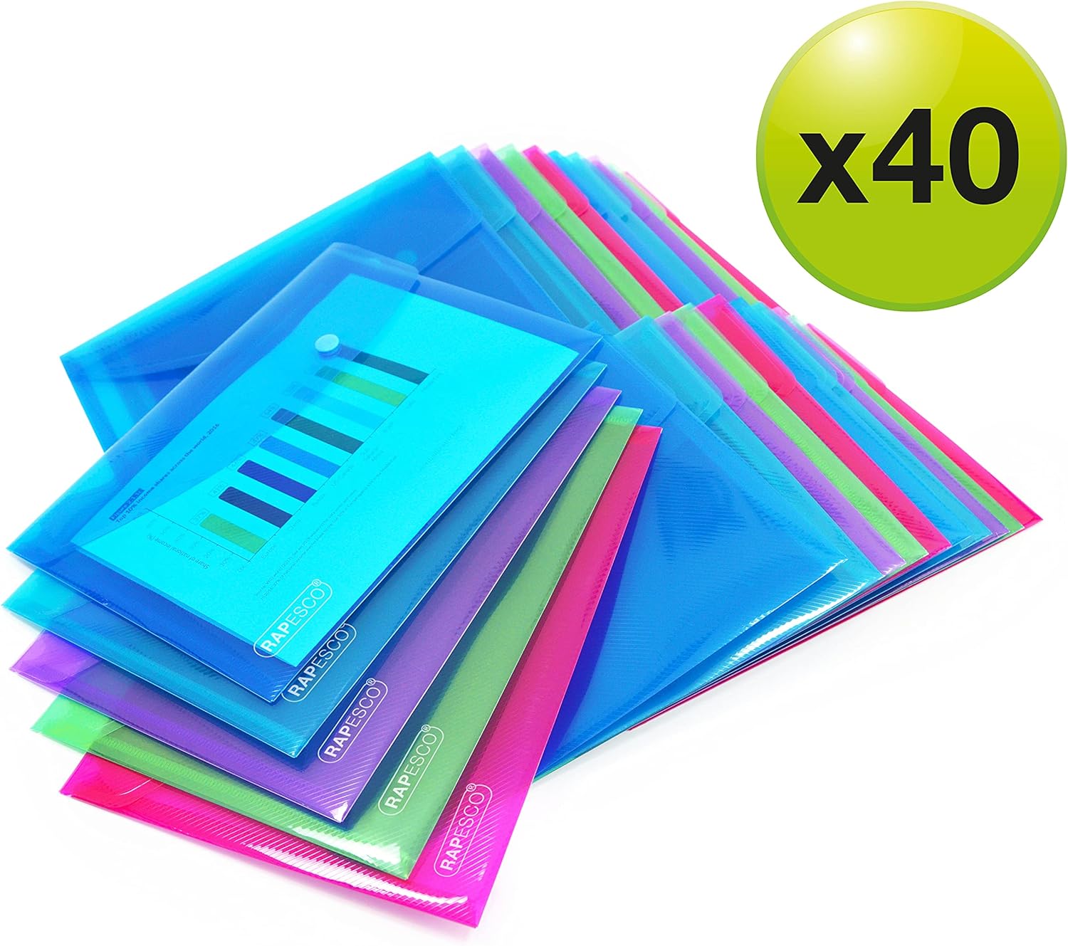 Rapesco Popper Wallet A5 in assorted colors, a pack of 40 for filing and storage purposes, made of durable plastic.