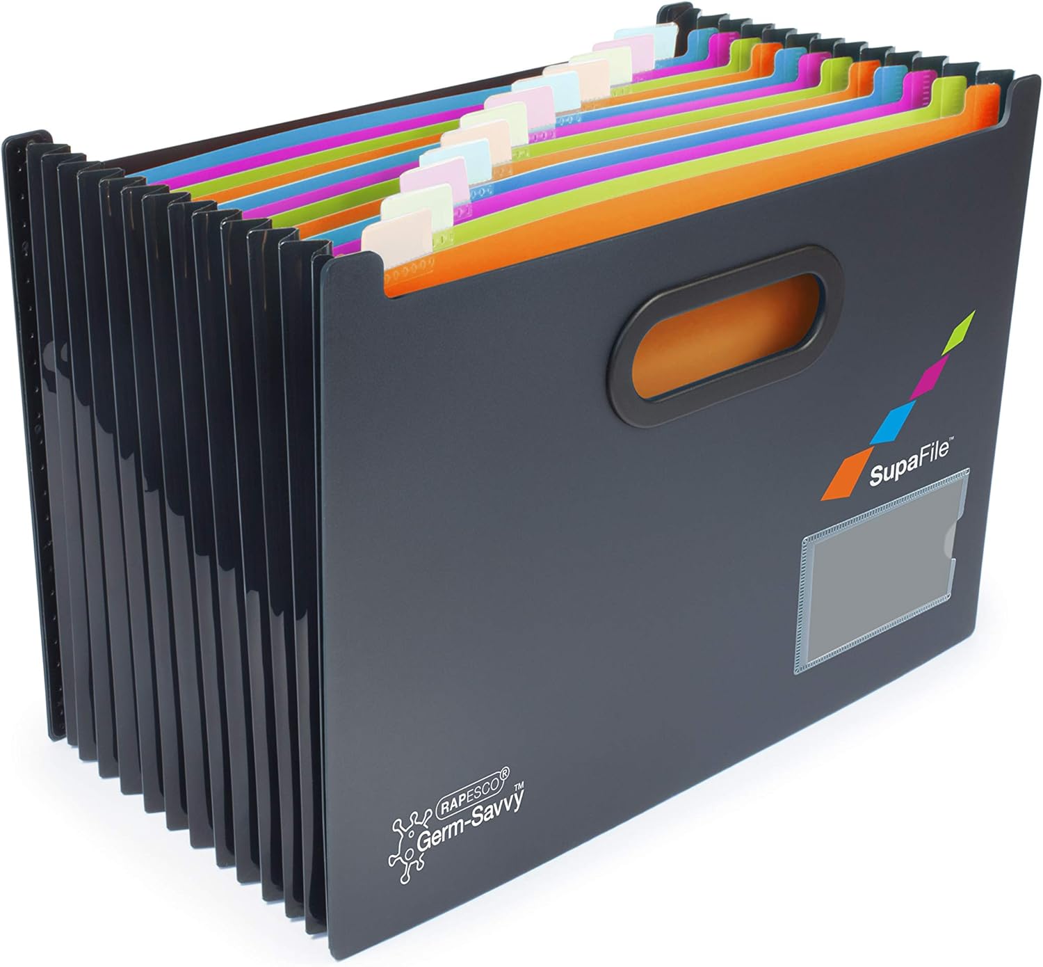 Rapesco Supafile A4 13-part landscape expanding file with antibacterial cover for desktop filing and storage.