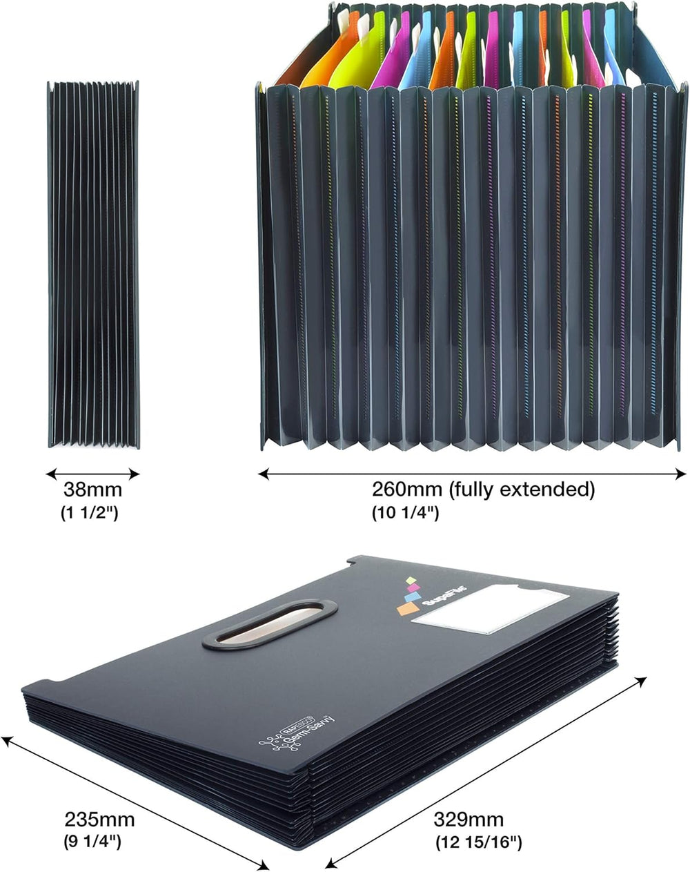 Rapesco Supafile A4 13-part landscape expanding file with antibacterial germ protection for document storage and organization.