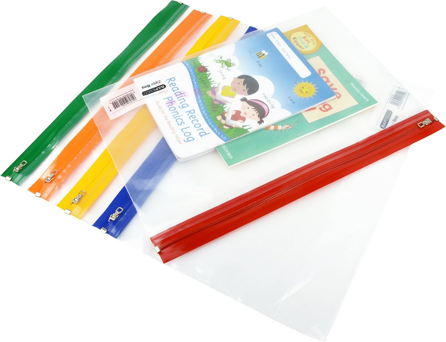Set of five Rapesco Zippi A4+ filing bags with metal zippers for secure storage and organization.
