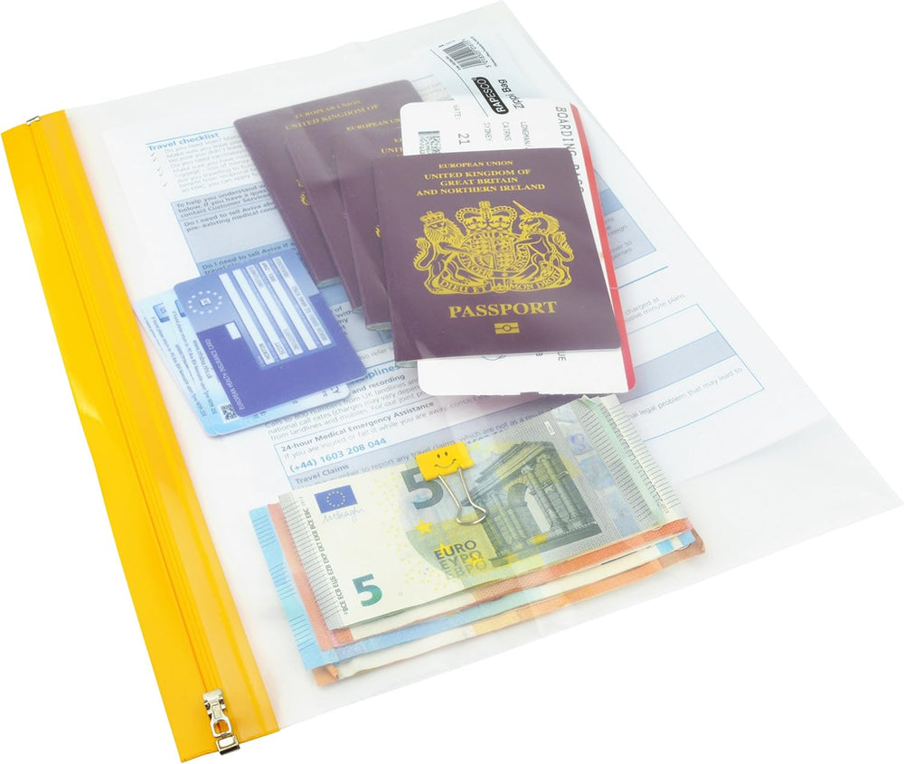 Pack of five Rapesco Zippi A4+ bags with metal zips for filing and storage, made from durable transparent plastic.