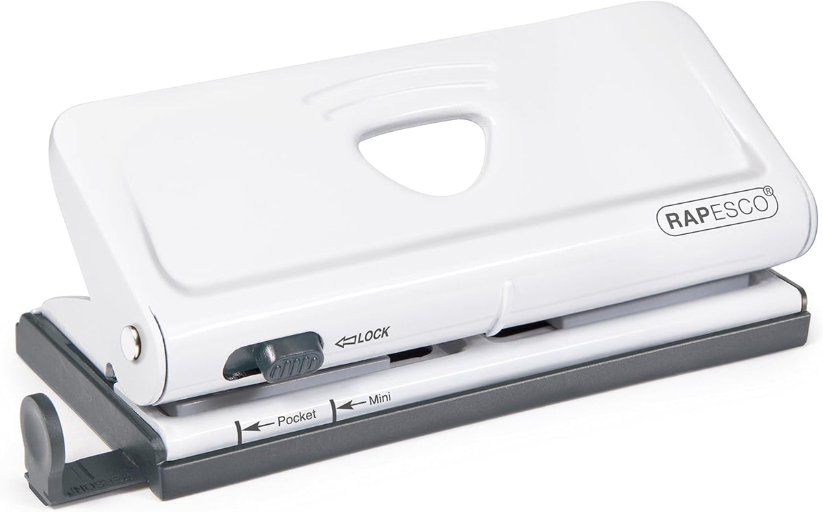 White Rapesco 1321 adjustable 6-hole diary punch for 10 sheets, suitable for hole punching in documents and binders.