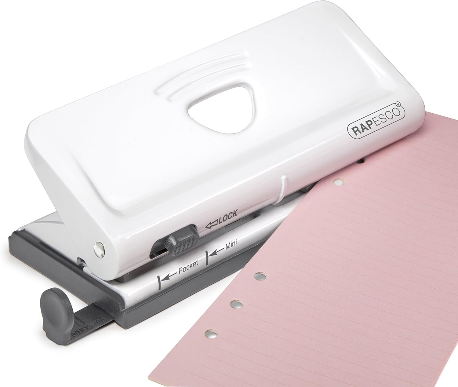 White Rapesco 1321 adjustable 6-hole diary punch for up to 10 sheets, showing its ergonomic handle and metal construction.