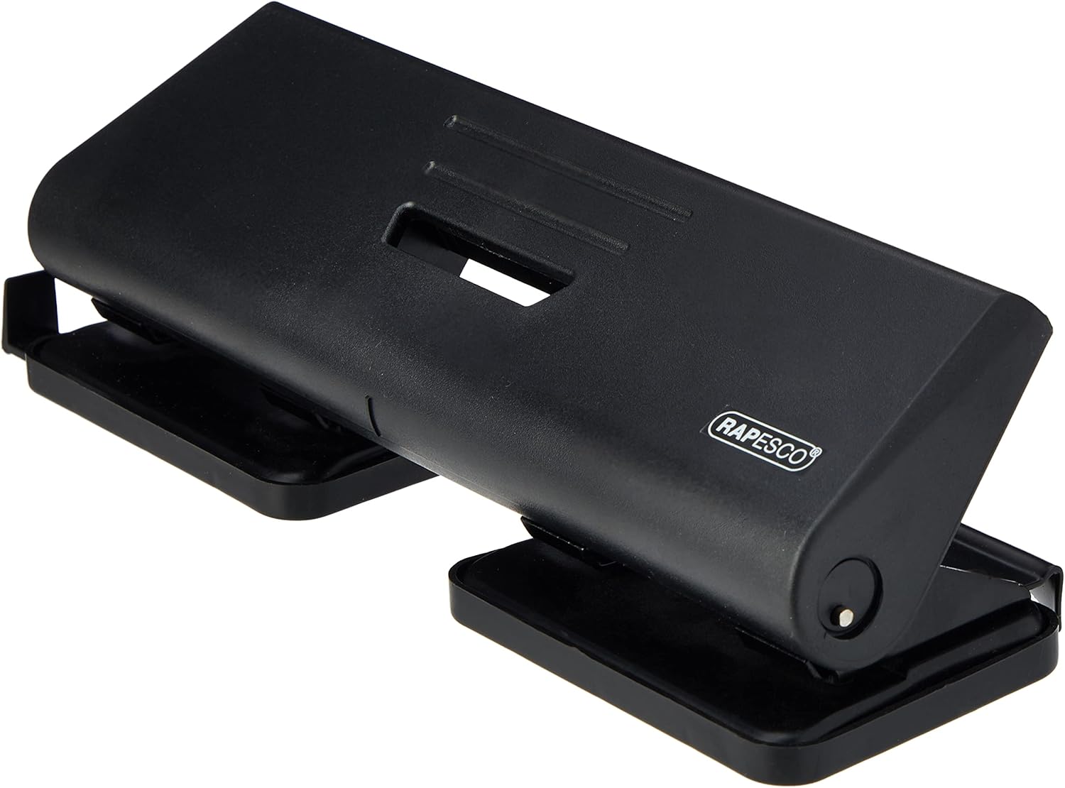 Rapesco 75-P 4-hole punch in black, designed for punching up to 16 sheets of paper with a sturdy metal construction.