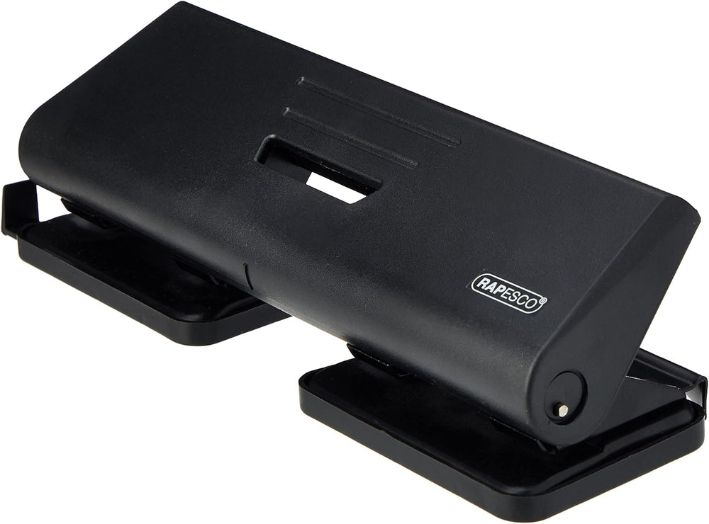 Rapesco 75-P 4-hole punch in black, designed for punching up to 16 sheets of paper with a sturdy metal construction.