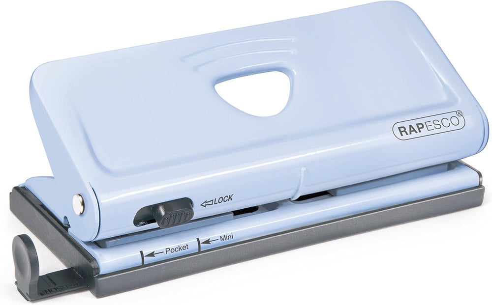 Rapesco adjustable 6-hole diary punch in powder blue for hole punching documents and notebooks.