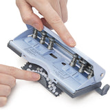 Rapesco adjustable 6-hole diary punch in powder blue with metal handle and adjustable punch settings for binding documents.