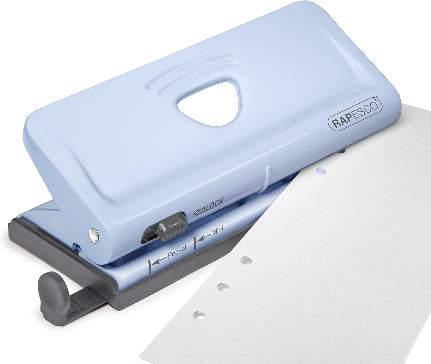 Rapesco adjustable 6-hole diary punch in powder blue, metal hole punch for binding and organizing documents.