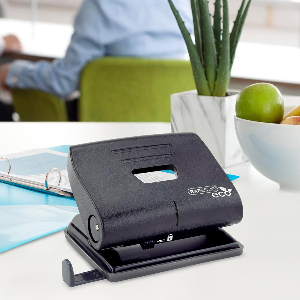 Set of three Rapesco Eco 2-hole punches in black, designed to punch 20 sheets of paper each for efficient office use.