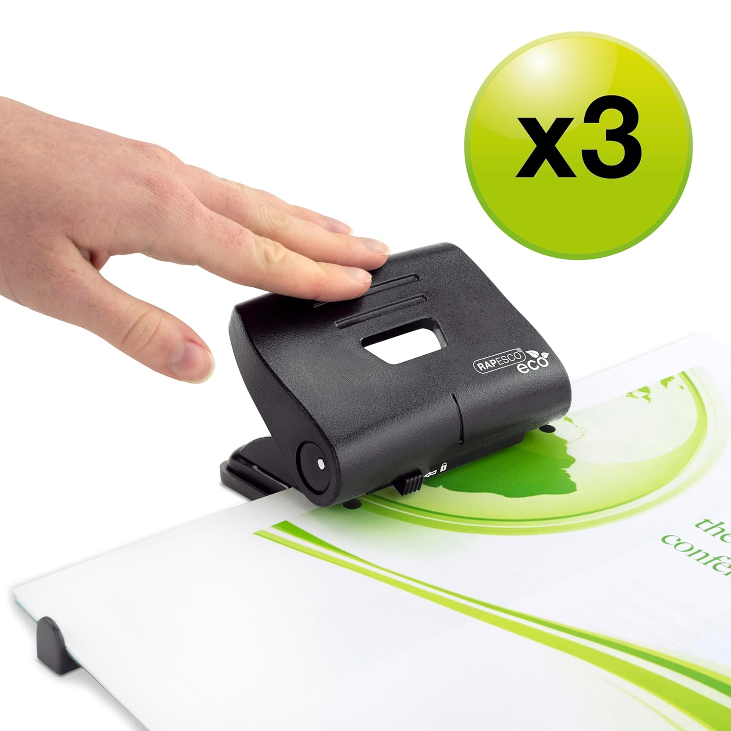 Set of three Rapesco Eco 2-hole punches in black, handles up to 20 sheets of paper for efficient binding.